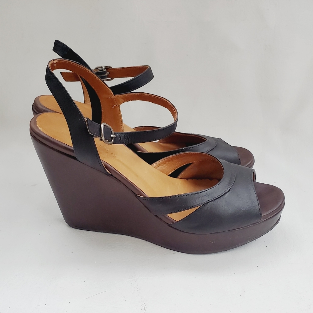 Coclico Peep-Toe Leather Wedge Sandals 7.5 - Picture 3 of 6
